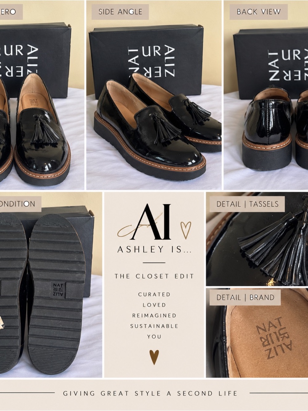 Naturalizer Black Patent Loafers with Tan Trim and Tassels